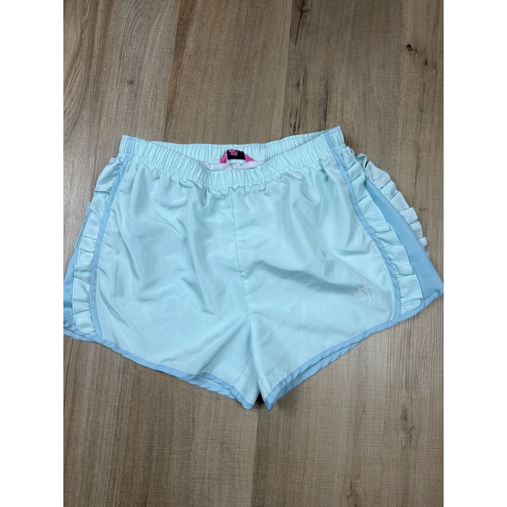 Simply Southern Womens Aqua Blue Ruffle Trim Mesh Running Shorts Size S NWOT